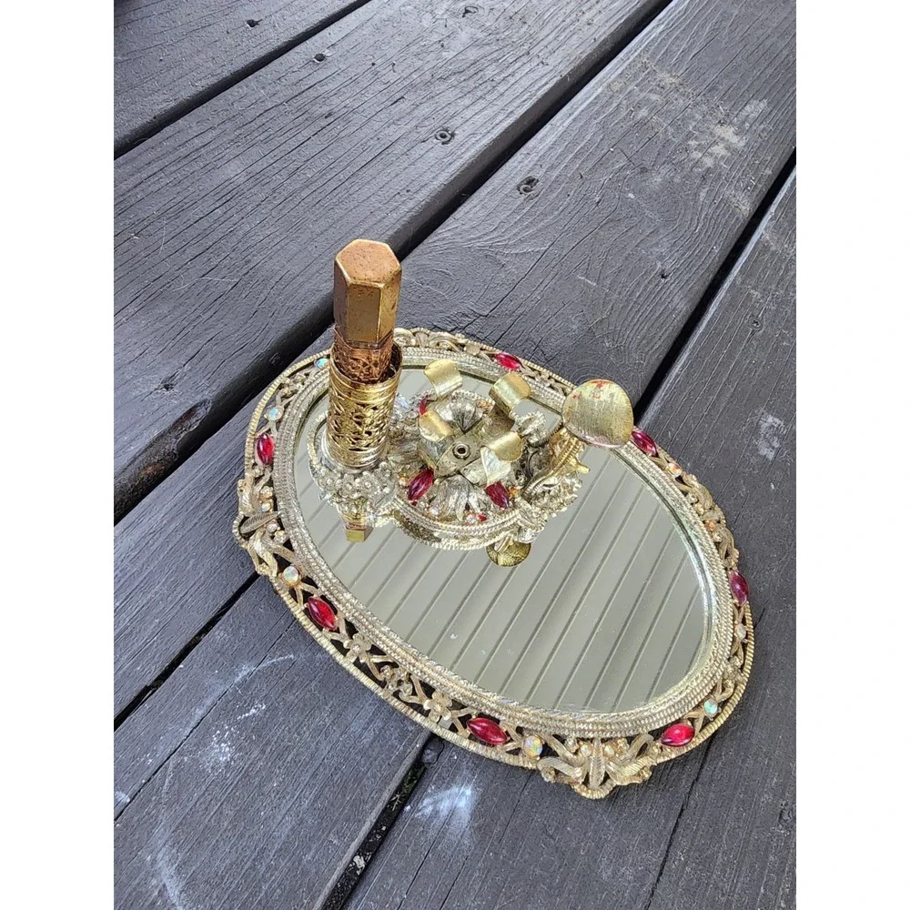 Vintage Antique Art Nouveau Gold Tone Ruby Jeweled Vanity Set, Ormolu Revlon HTF